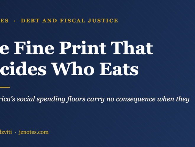 Deep navy title card reading The Fine Print That Decides Who Eats, with the subtitle Why Africa’s social spending floors carry no consequence when they break