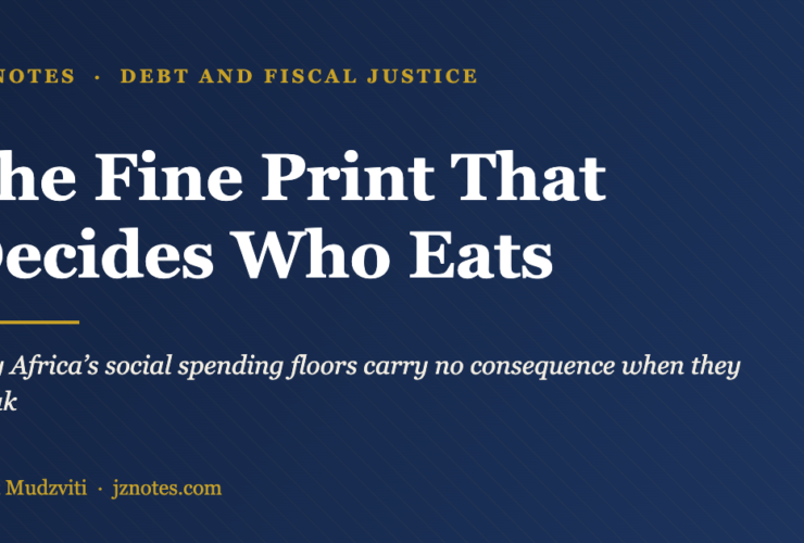 Deep navy title card reading The Fine Print That Decides Who Eats, with the subtitle Why Africa’s social spending floors carry no consequence when they break