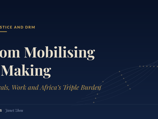 Navy title card reading From Mobilising to Making, Minerals, Work and Africa's Triple Burden, with a category kicker for Tax Justice and DRM and a faint value-chain motif of rising curves and nodes.