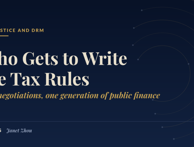 Navy title card reading Who Gets to Write the Tax Rules, with the subtitle Two negotiations, one generation of public finance. JZ Notes, Janet Zhou.